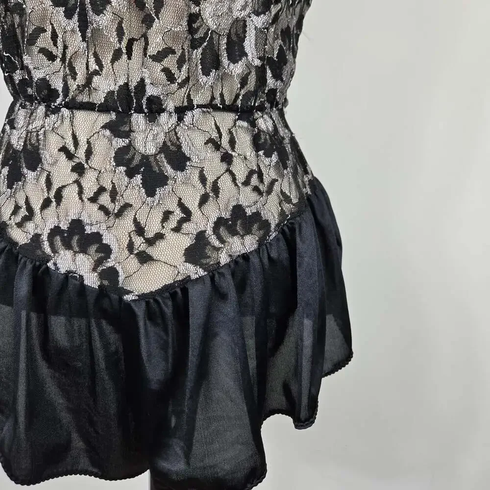 Vintage Undercover Wear Black Lace Teddy Romper Bodysuit Small Lingerie USA